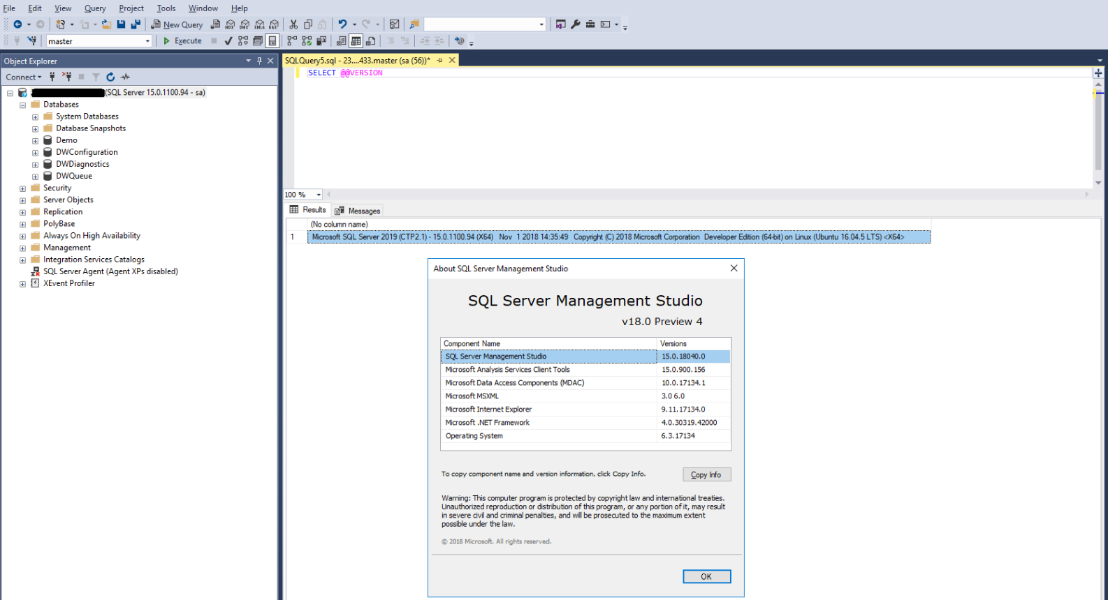 SQL Server Management Studio Dashboard