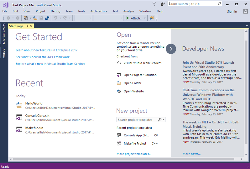 Visual Studio 2017 Start Page