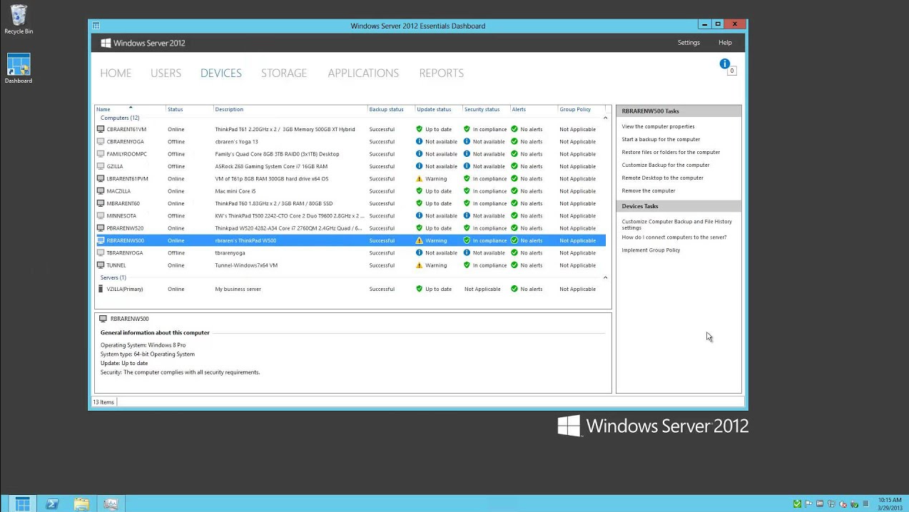 Windows Server 2012 R2 Essentials Dashboard Interface