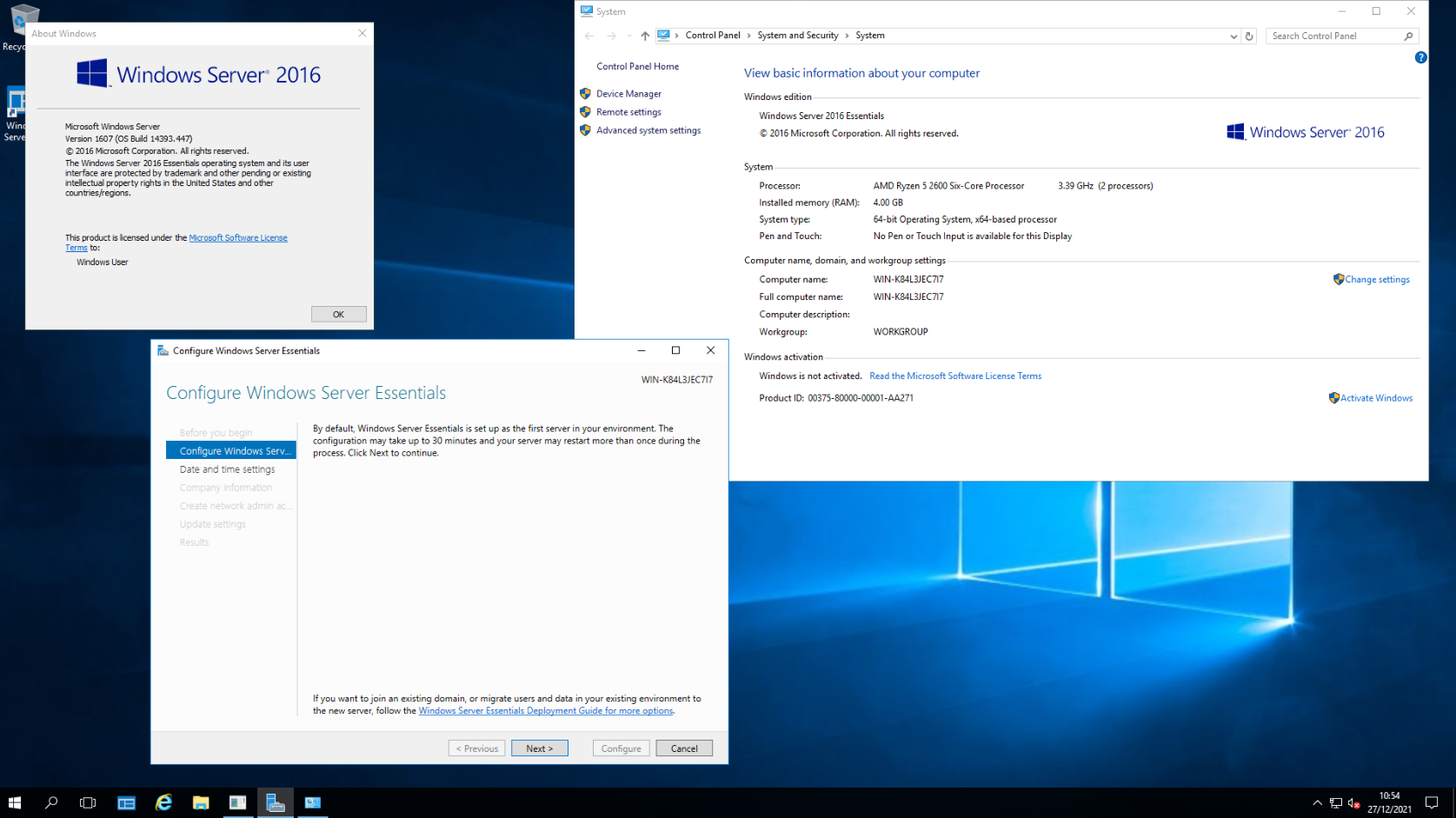 Windows Server 2016 Essentials Interface