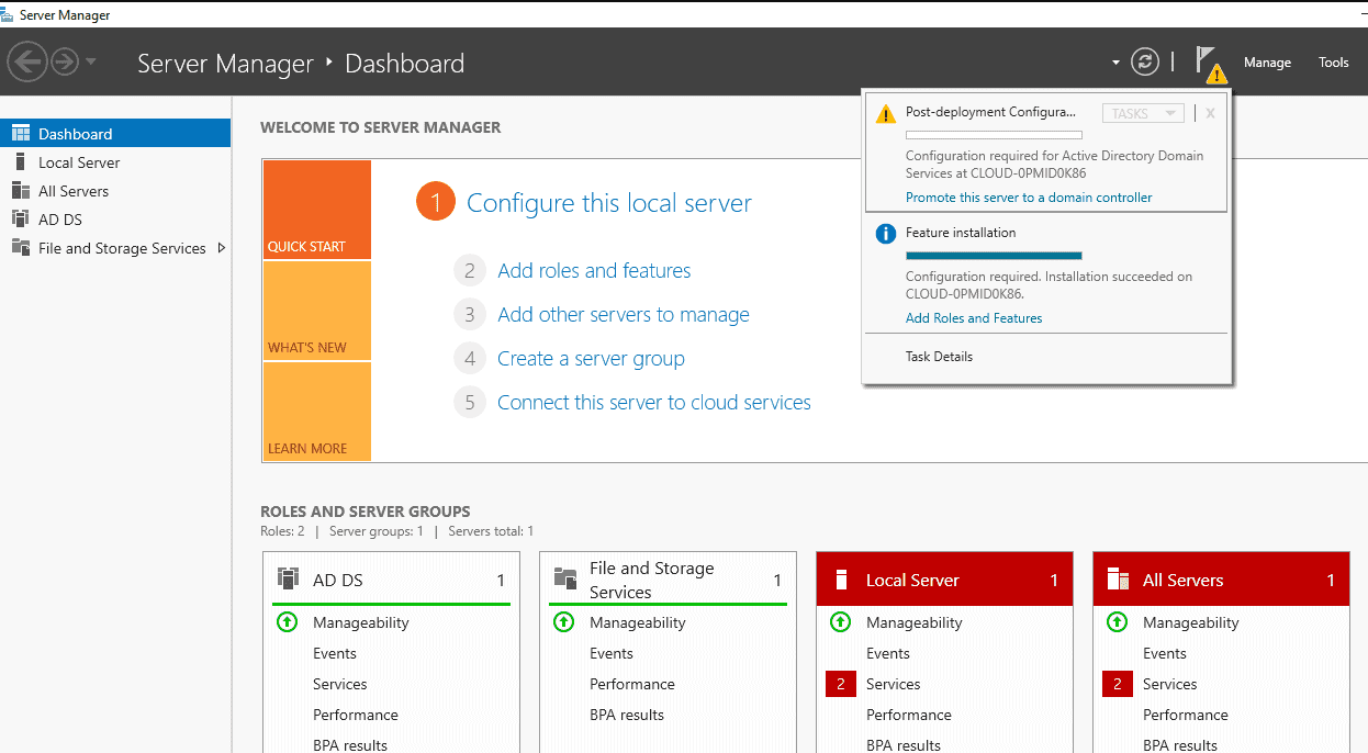 Windows Server 2022 Essentials Dashboard Interface